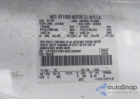 1999 Ford F150 Lariat/Work Series/Xl/Xlt z USA, uszkodzony, nr VIN 1FTRX17W1XNC36060